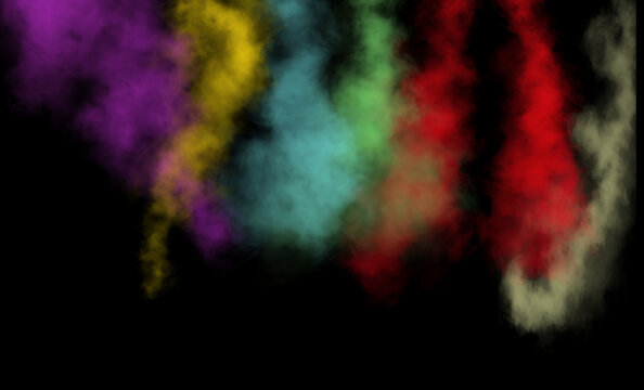 Rastros de humo multicolor abstractos sobre fondo negro.