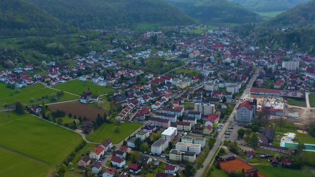 Aerial view of the city  Heubach in Germany on a sunny spring day 