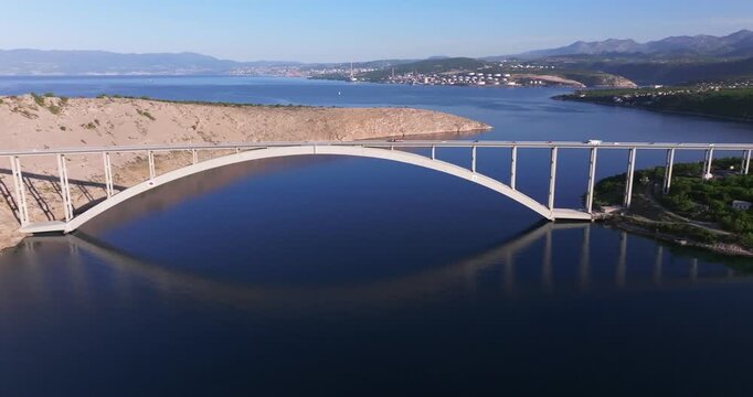 Aerial view of Krk Bridge connecting mainland and Krk Island, Croatia