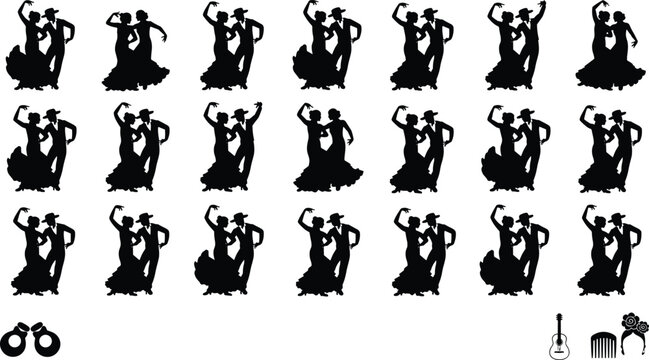 Flamenco dancer silhouettes, Spanish cultural icons, traditional attire castanets guitar rose hair comb music performance
