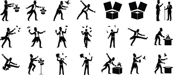 Magician performance silhouettes, magic tricks icons, rabbit dove hat juggling wands props stage illusion entertainment © MDMAHOMUDUL