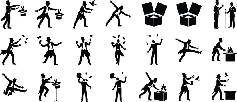 Magician performance silhouettes, magic tricks icons, rabbit dove hat juggling wands props stage illusion entertainment