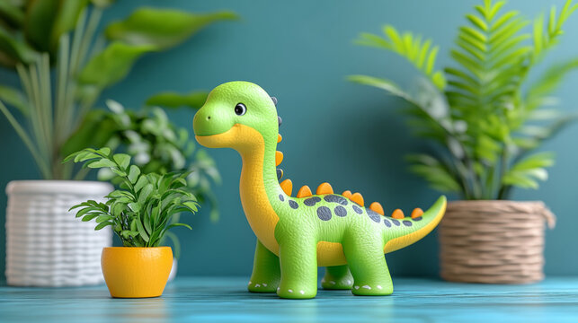 Dinosaur toys next to the potted plant