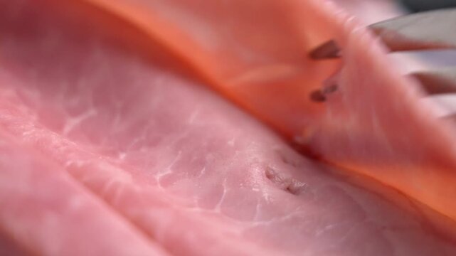 Close up of fork lifting thin slice of cooked ham. Ready to eat meat product
