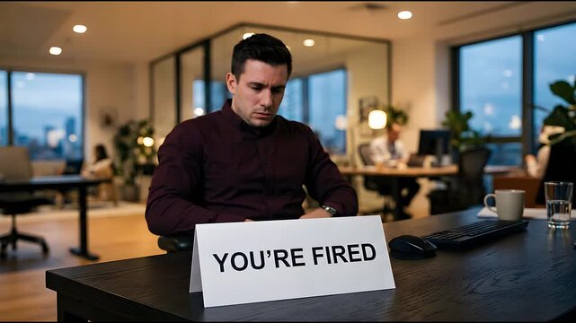 Man In Maroon Shirt Looking Distressed With Hand On Forehead Sitting At Office Desk With You're Fired Sign In Foreground With Blurred Office