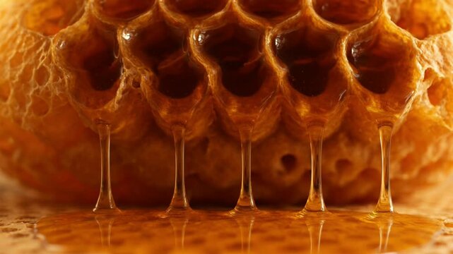 Honey dripping from bee honeycomb.