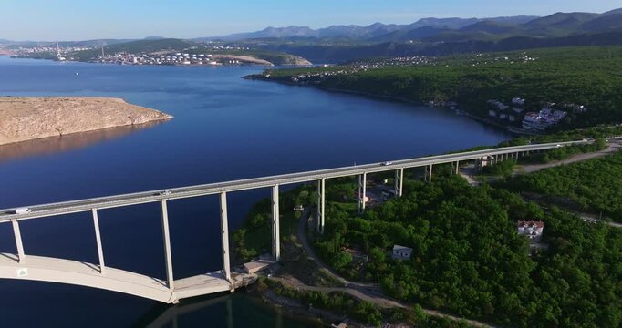 Aerial view of Krk Bridge connecting mainland and Krk Island, Croatia