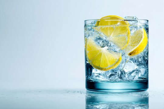 Tall glass of sparkling gin and tonic with ice cubes and vibrant lemon slices, offering a refreshing drink experience