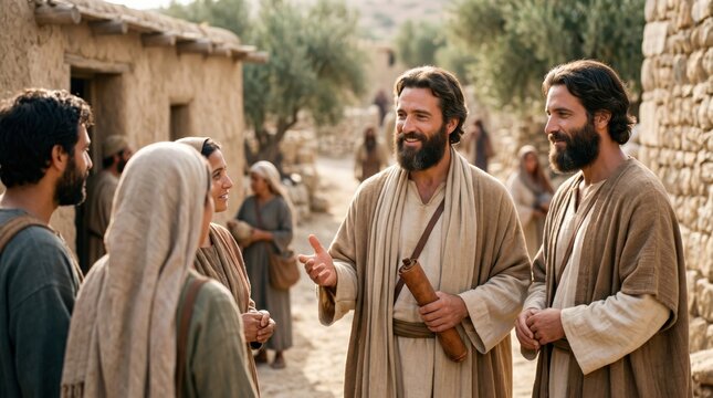 Apostle Philip preaching the gospel message to the Samaritan people in a biblical village setting. Men and a woman listening to the teaching of a prophet. Disciples sharing faith.