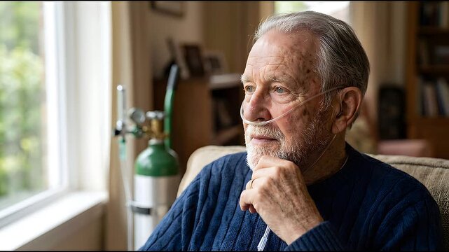 Elderly Man With Nasal Cannula Attached To Oxygen Tank Sitting By Window Indoors