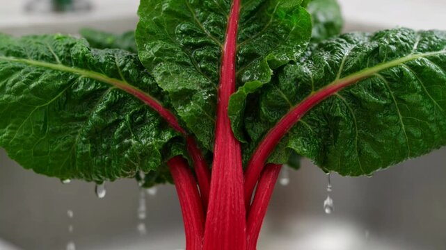 Rhubarb plant with water drops.