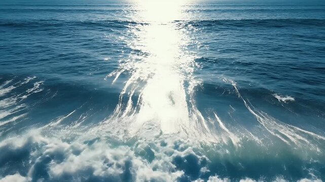 Sunlight glimmers on the surface of the ocean as a wave crashes, creating a mesmerizing display of blue water and white foam.