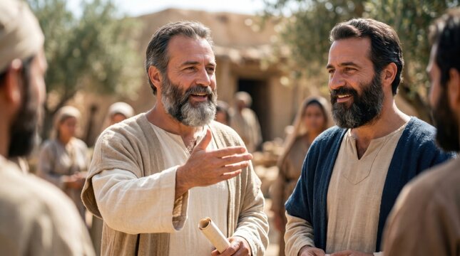 Apostle Philip preaching the gospel to the Samaritan people. Bible scene from acts 8 depicting evangelism and faith. Biblical characters in ancient clothing teaching about Christianity.