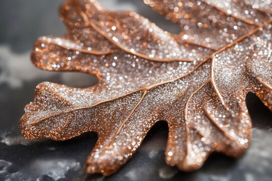 Artificial oak leaf covered in metallic glitter, creating a dazzling texture and festive ambiance. Close up detail