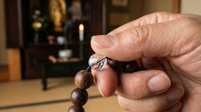 日本の伝統的な数珠を持つ手の指先クローズアップ。仏壇の前での祈りや法事、葬儀のイメージに最適な仏教・供養関連の高品質ストックフォト素材