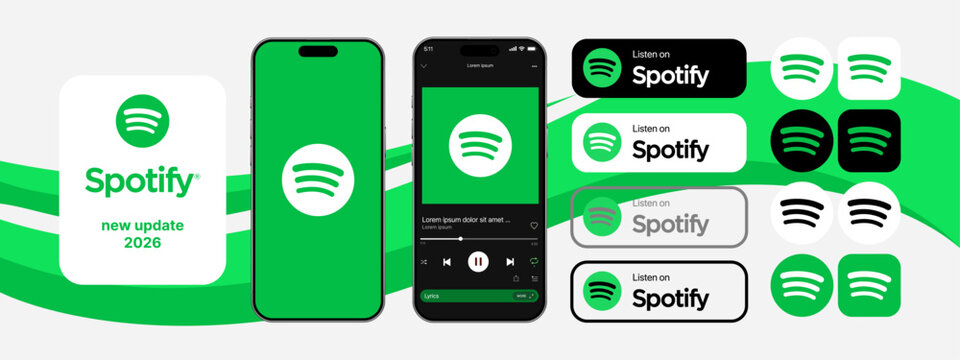 Spotify interface. Social media pages mockup template. Editorial mockup of Spotify interface. Music platform. Spotify music platform interface mockup. White background. Vector icons.