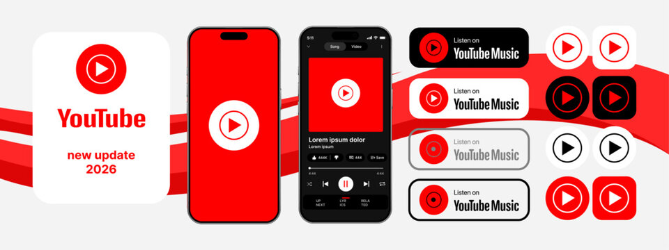 YouTube Music player UI mockup with playlist screen, album art, and playback controls for mobile app design