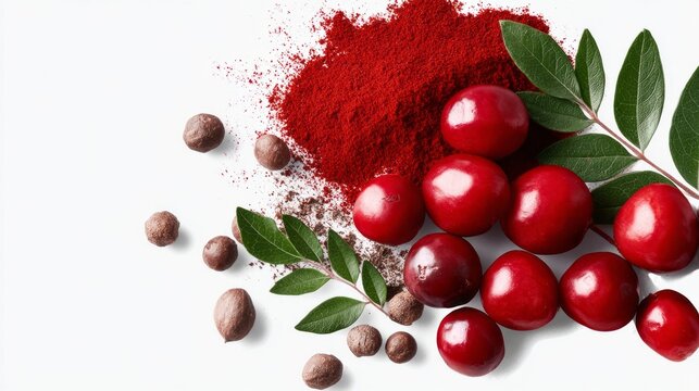 Red sandalwood powder with glossy red berries, green leaves, and chandan seeds arranged on a clean white background