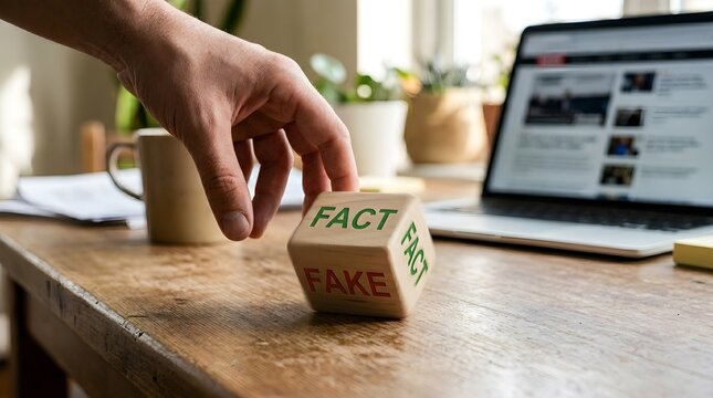A hand is about to flip a wooden dice with fact and fake written on it on a desk with a laptop and coffee cup