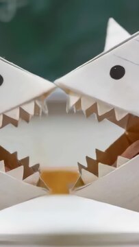 Vertical video: Hands moving two paper sharks snapping tilting at school desk for fun zigzag teeth