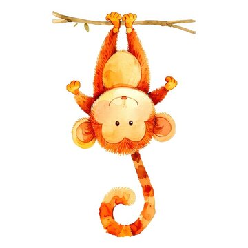 cute orange monkey hangs upside down by its tail from  tree branch in  watercolor illustration style