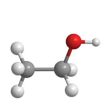 Ethanol molecule 3d rendering showing ethyl group and hydroxyl group for chemistry study.