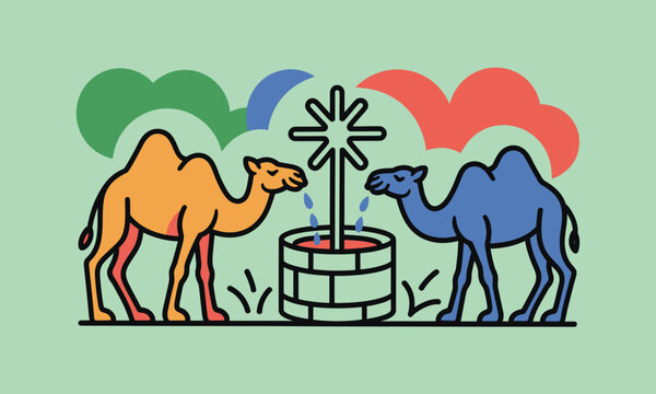 Two camels drinking water together from a colorful well with two stylized