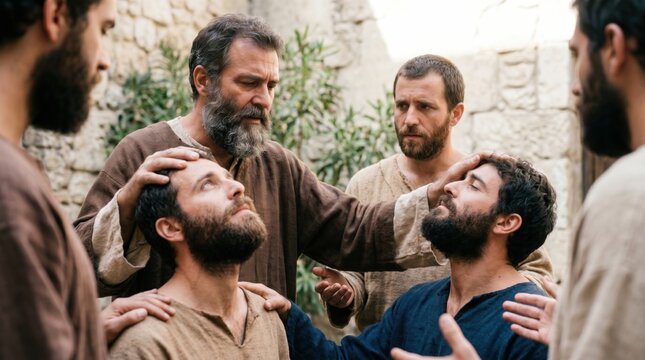 Apostles laying hands on the believers for the Holy Spirit. Biblical scene from Acts 8 where Peter and John pray for the Samaritans to receive the gift of God. Religious ministry.