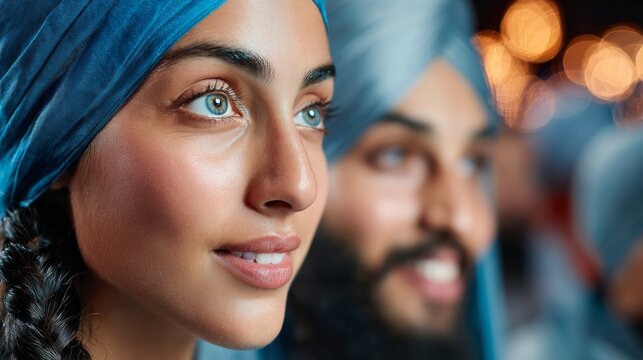 Young sikh woman observing with blue eyes, feeling optimism and spiritual connection with community members in background