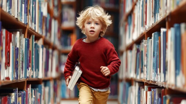Blond child finding education resources, running happily between bookshelves, holding books. Learning, childhood curiosity, and knowledge concept