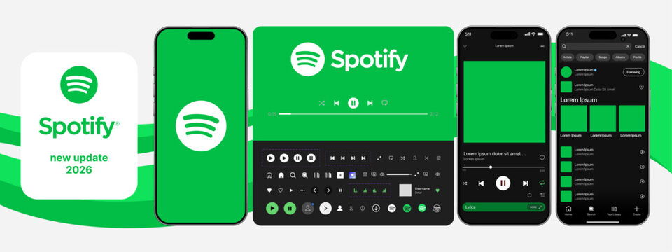 Spotify music streaming app UI mockup template. Spotify mobile audio player interface design for music listening playlist and streaming platform.