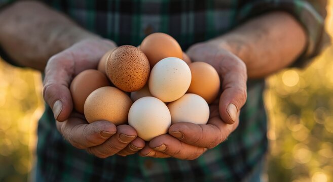 Senior male farmer hands holding fresh organic chicken eggs on rural farm