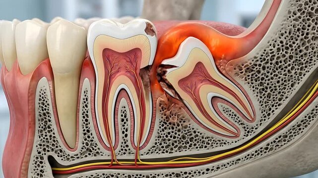 Detailed Medical Illustration of Impacted Wisdom Tooth Causing Damage to Adjacent Tooth and Gums Illustrating Dental Problem and Inflammation in a