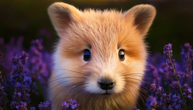 Adorable Fox Cub in Lavender Field - A Whimsical Wildlife Portrait.