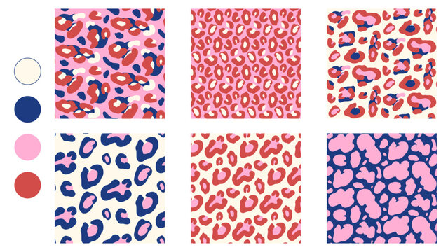 Leopard animal seamless print patterns collection for coquette fashion. Abstract panther spot pattern with animal texture on pink and cream background. Vector scatter with blue and red leopard motifs.