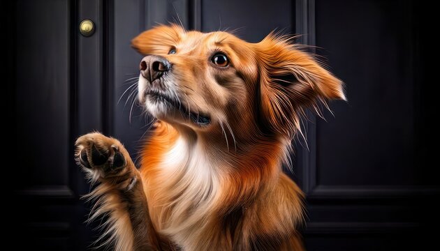 Adorable dog patiently waiting at the door, eager to come inside.