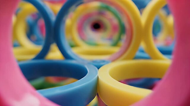 A vibrant, abstract close-up showcases a colorful arrangement of interlocking rings, creating a mesmerizing and playful visual pattern.