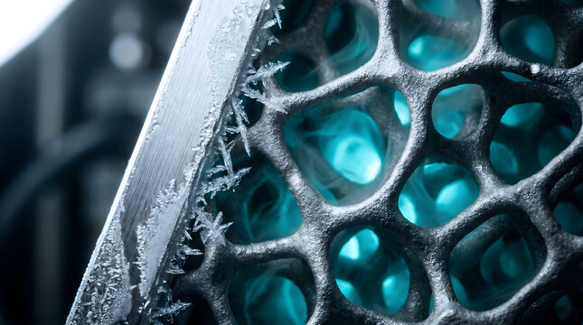 Hyper-Photorealistic Extreme Macro of Solid-State Hydrogen Storage, Metal Hydride Lattice Absorbing Clean Energy Vapor, Green Tech Concept, No Text.