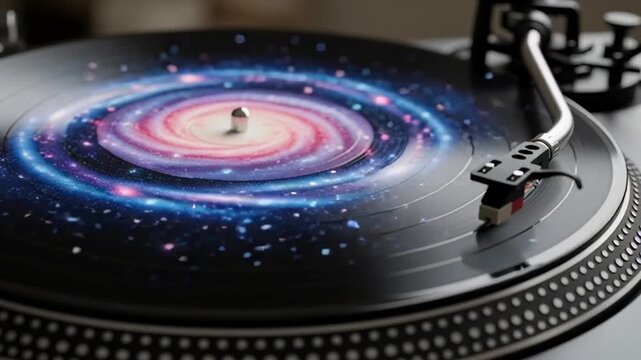 Vinyl Record Player With Galaxy Art.