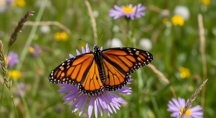 Obraz premium Beautiful monarch butterfly resting on a purple wildflower in a green meadow