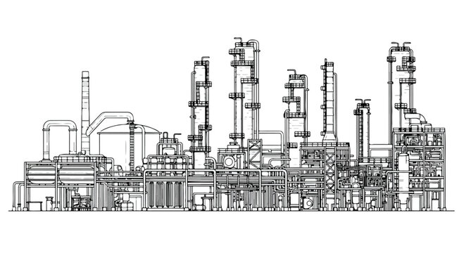 Detailed industrial refinery factory plant line art vector illustration