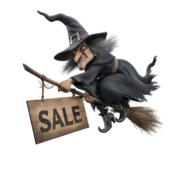 3D render of an old witch flying on a broomstick with a wooden sale sign isolated on white background isolated on transparent or white background, png