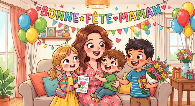 Carte de v&oelig;ux joyeuse avec ballons et guirlande "Bonne F&ecirc;te Maman".