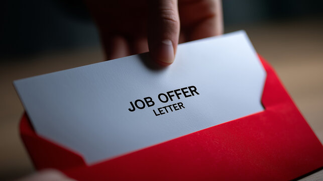 Hand retrieving a job offer letter from a red envelope, symbolizing new employment opportunity, career growth, professional invitation, and hiring success