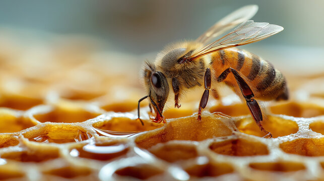Honey bee diligently collecting nectar from golden honeycomb cells, showcasing the vital process of pollination, sweet production, and sustainable beekeeping industry