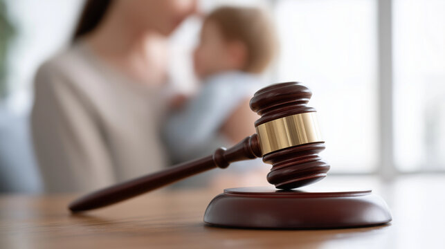 Gavel on table representing child custody, family law, and divorce proceedings, with a mother holding her baby in soft focus behind a legal dispute concept