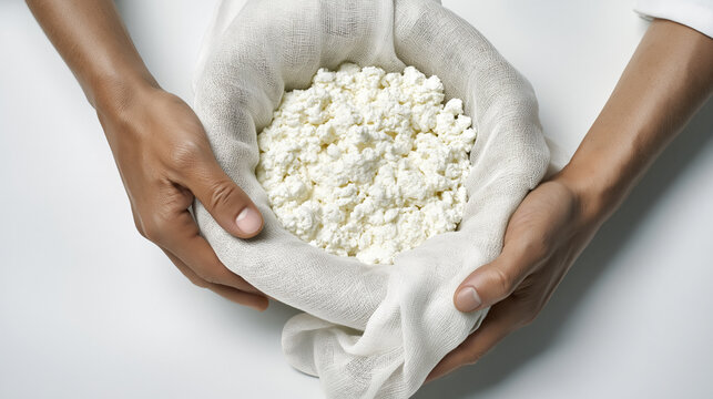 Hands holding fresh homemade cottage cheese in cheesecloth, showcasing production of healthy dairy curd for traditional culinary preparation