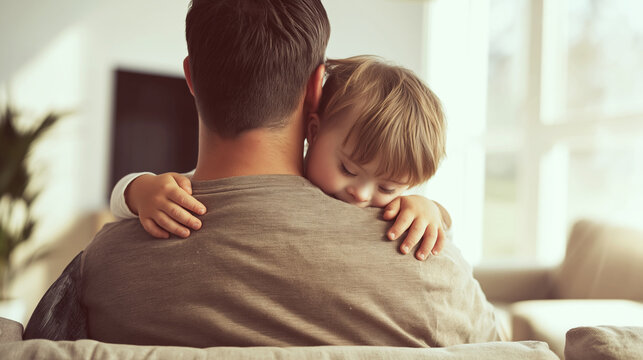 Father tenderly embracing his child with down syndrome, offering comfort and support, representing family bonding, unconditional love, and special needs care at home
