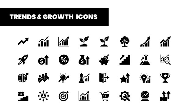 Set of 32 glyph icons related to business trends and growth. 
Solid icon collection. Vector illustration