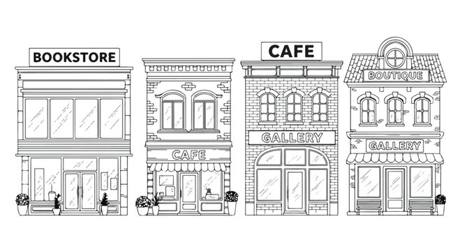 City Street Store Front Vector Illustration Line Art Coloring Page